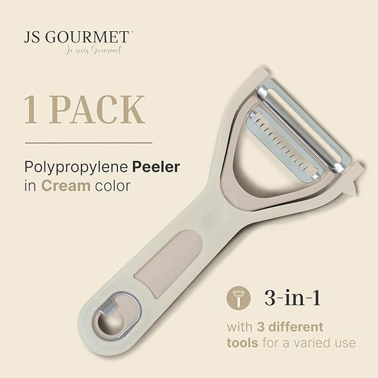 3 in 1 Vegetable Peeler – Julienne Slicer with Bottle Opener and Built-in Eye Remover – Stainless Steel Blade with Comfortable Handle – Potato, Cabbage, and Carrot Peeler for Kitchen – Beige