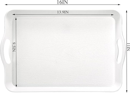 Cedilis 3 Pack Serving Trays with Handles, 16 x 11IN Food Serving Tray, Rectangular Plastic Stackable Tray for Restaurant, Parties, Coffee Table, Kitchen (White)