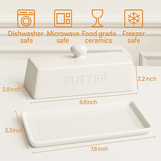 Butter Dish with Lid,WERTIOO Butter Dish With Lid for Countertop,7.6" x 3.3" Butter Tray,Butter Holder for 1 Stick.Textured Tray Butter Keeper for Non Slip Storage,Ceramic - White