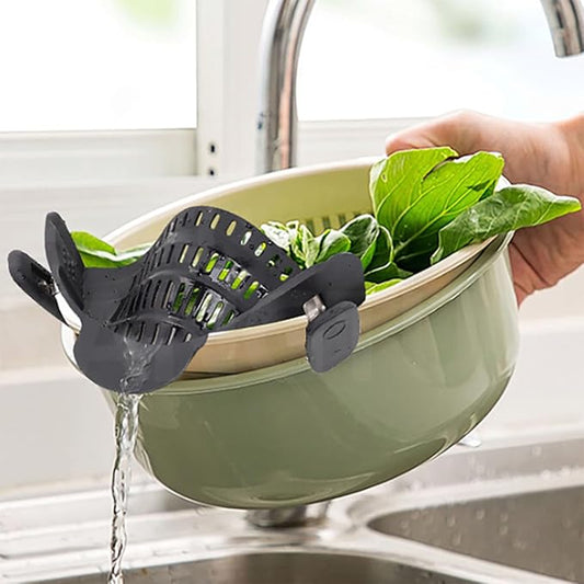 Pasta & Pot Strainer, Adjustable Silicone Food Strainer Hands-Free Pan Strainer Fits all Pots and Bowls, Clip on Strainer for Noodle Meat Vegetables Fruit Kitchen Gadgets Cooking Colander (Black)