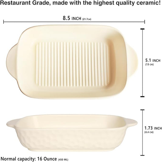 7" x 4.5" Rectangular Porcelain Baking Dish Set,Au Gratin Dishes,Casserole Dish, Ramekins 16 oz Bakeware Set of 2, Lasagna Pans for Cooking, Cake Dinner,Kitchen, Carry Handles Beige