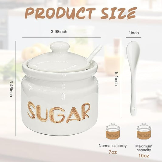 Sugar Bowl with Lid and Spoon, 10oz Ceramic Sugar Container Jar - Modern Farmhouse Style for Coffee Bar, Tea Station, Kitchen Countertop & Dining Table Decor, White