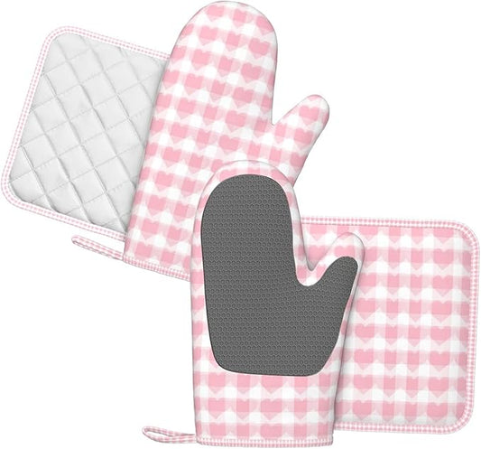 Oven Mitts and Pot Holders Pink Plaid Heart Pattern Silicone Kitchen Accessories Set of 4 Heat Resistant Long Gloves Potholder Non-Slip Grip for Chef Cooking Baking Grilling BBQ