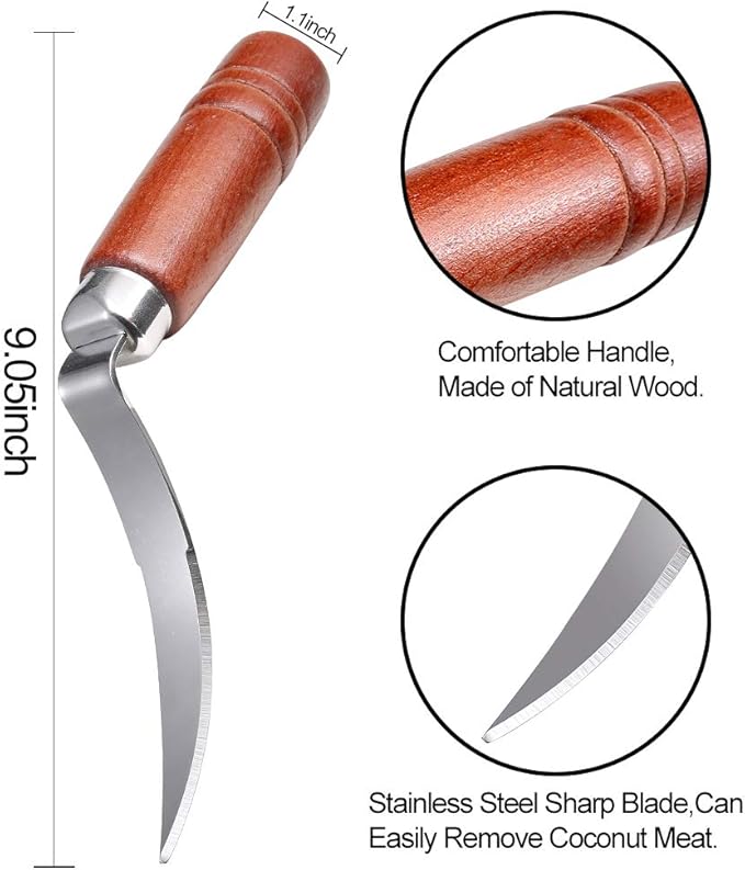 Coconut Opener Tools, Set of Stainless Steel Coconut Puncher with Straws, Brush, Coconut Meat Remover with Wood Handle, For Green & Young Coconut