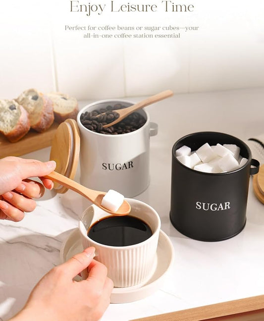 AISBUGUR Sugar Bowl with Lid and Spoon: 17oz Metal Sugar Container - Airtight Food Sugar Jar - Coffee Bar Accessories - Countertop Kitchen Decor (Black)