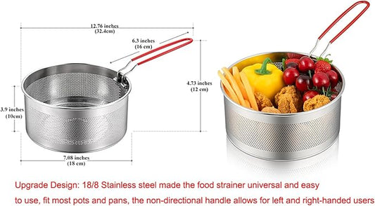 Tenta Kitchen Pasta Strainer Boiling Blanching Colander Vegetable Steamer Basket Stainless Steel Fryer Basket with Removable handle Insert for Veggie Fish Seafood Cooking and heat food 7 Inch
