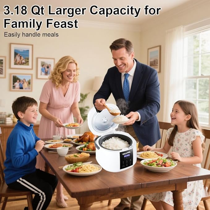 Yollnia 3L Rice Cooker 12 cups (Cooked), Mini Digital Rice Cooker,6 in 1 Multicooker for Grain, Preset and Reheat Options, 12-Hr Delay Timer, Auto Keep Warm, Non-Stick Inner Pot with Steaming Basket