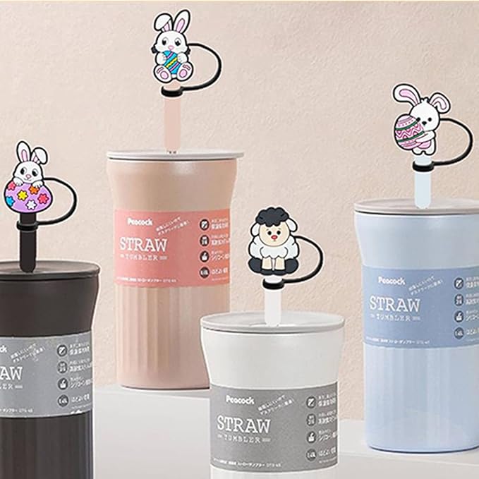 Easter Straw Toppers Covers Silicone Easter Bunny Straws Tips Cover Protector Bunny Toppers for Tumblers Cap Dustproof Reusable Tip Lids for 1/4-1/3 in Drinking Cup Accessories 6Pcs