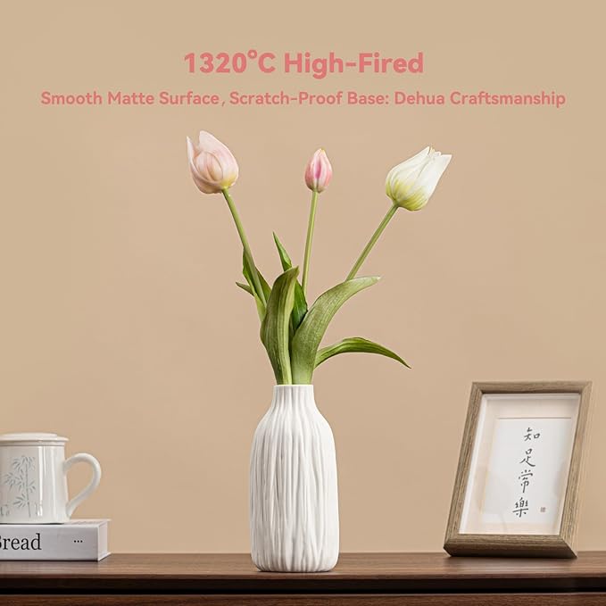 White Matte Ceramic Flower Vase - Woodgrain Sculptural with Vertical Texture, 7.2" Unique Vase for Pampas Grass/Centerpieces, Decorative Farmhouse Vase for Living Room/Office,Ideal Gift for Minimalist