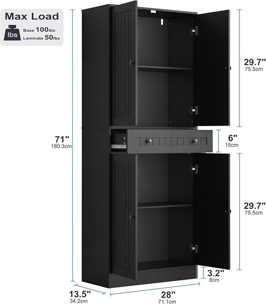 Kitchen Pantry Storage Cabinet, 71" H Farmhouse Pantry Cabinet with 4 Doors & Drawer, Freestanding Cupboard with Adjustable Shelves, Rustic Wood Cupboard for Kitchen, Dining Room, Black