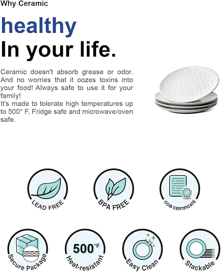 LE TAUCI Ceramic Dinner Plates Set of 4, 10 Inch Embossed Plates for Kitchen, Modern White Serving Dishes for Pasta and Steak, Microwave Oven and Dishwasher Safe - Arctic White