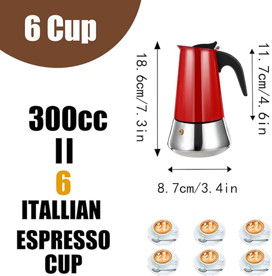 6 Cup Stovetop Espresso Maker Stainless Steel Moka Pot Stove Top Percolator Italian Coffee Makers Capable Mocha Greca Machine Cafe Classic Induction Cookers for Home and Camping 300ml 10oz