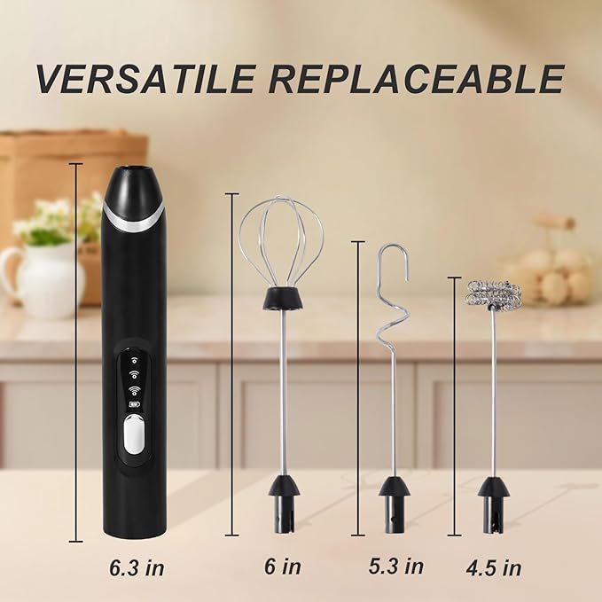 Handheld Milk Frother Wand for Coffee,Rechargeable Drink Mixer, 30dB Ultra Quiet with 3 Adjustable Speeds & 3 Whisks For Cappuccino, Hot Chocolate, Egg,Protein powder