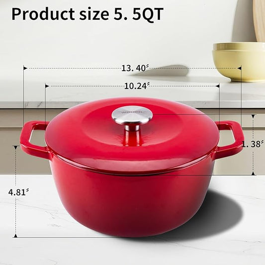 WOKINS Enamel Cast Iron Dutch Oven with Lid,Dual Handles,Heavy-Duty Cookware for Sourdough Bread Baking,Braising,Stews,Roasting,Oven Safe up to 500° F,5.5QT,red