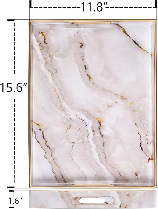 MAONAME Plastic Decorative Tray, Marbling Tray with Handles, Rectangular Coffee Table Trays, Serving Trays for Ottoman, Bathroom, Kitchen, 15.7” x 11.8”, White