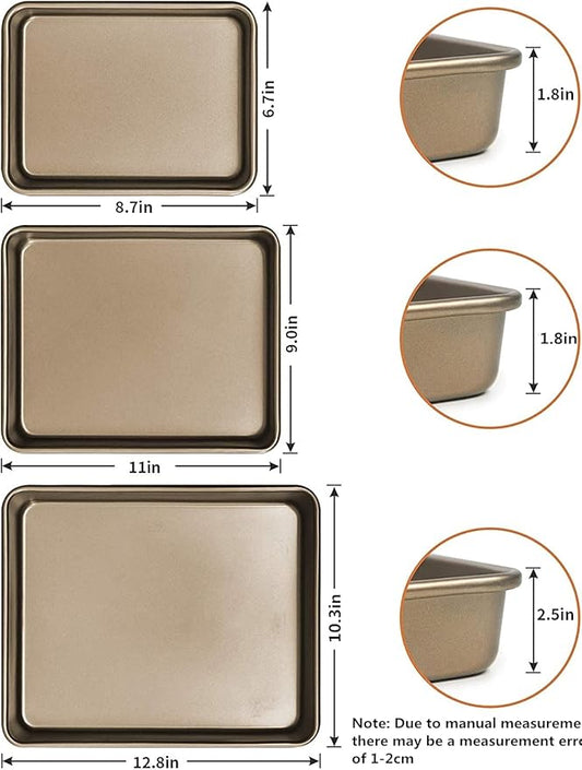 SuperMa 3 Pack Deep Baking Pans Set Nonstick Rectangular Cookie Sheets 9 11 13 Inch Baking Sheets for Baking Bread, Toaster Bakeware Gold