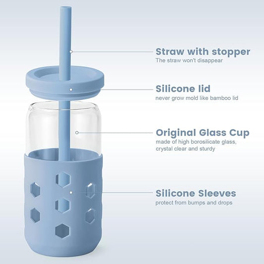 Glass Cups with Lids and Straws (4 Pack), 16oz Drinking Glasses Set with Silicone Sleeves for Coffee Bar Accessories Iced Coffee Cups with Lids, Glass Tumbler Reusable for Gifts