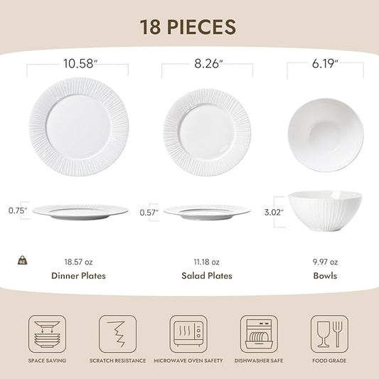 KINGSTONE Bone China Dinnerware Set, 18-Piece White Lightweight Porcelain with Textured Design Service for 6, Plates, Bowls, for Family Dining, Restaurants, Gifting,Microwave and Dishwasher Safe