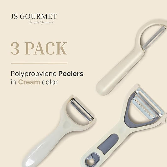 Vegetable Peeler 3-Piece Set – Swivel Cutter, Y-Shaped Slicer, and Julienne Peeler with Bottle Opener and Built-in Eye Remover – Stainless Steel Blade with Comfortable Handle for Kitchen – Cream