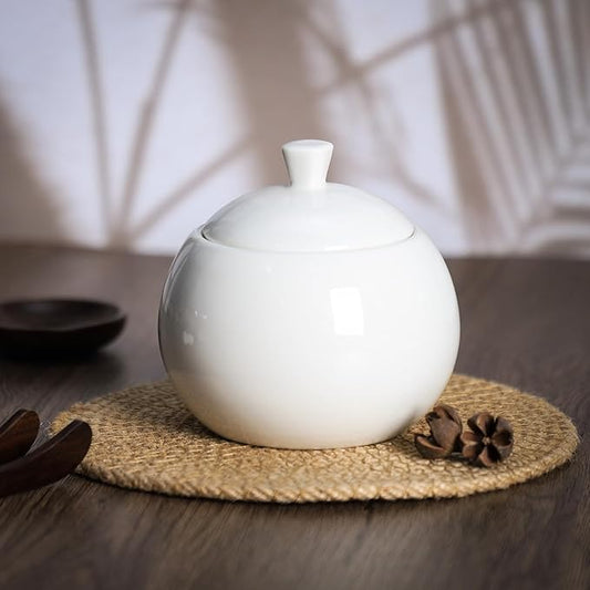 Sizikato Pure White Porcelain Sugar and Creamer Set, 14 Oz Salt Bowl with Lid and 10 Oz Creamer Pitcher
