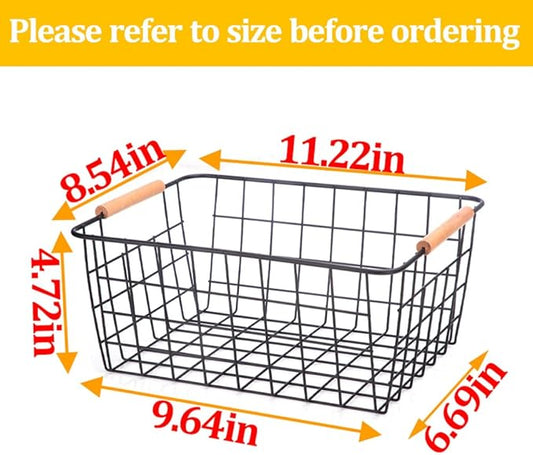 LeleCAT Wire Baskets with Wooden Handles, Wire Storage Organizer Baskets, Household Refrigerator for Cabinets, Pantry, Closets, Bedrooms - Set of 4(Black)