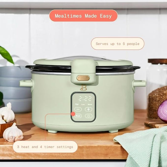 Beautiful by Drew 4.0-Quart Programmable Slow Cooker with Hinged Lid, Digital Timer, Keep Warm Function, Removable Stoneware Pot, Stainless-Steel Accents (Sage Green)
