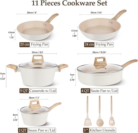 Pots and Pans Set Non Stick, Non-Toxic Ceramic Cookware Set, 11pcs Induction Cookware, Kitchen Cooking Set with Frying Pans, Saucepan, Stock Pot, PFOA Free & PFOS Free, Cream Color