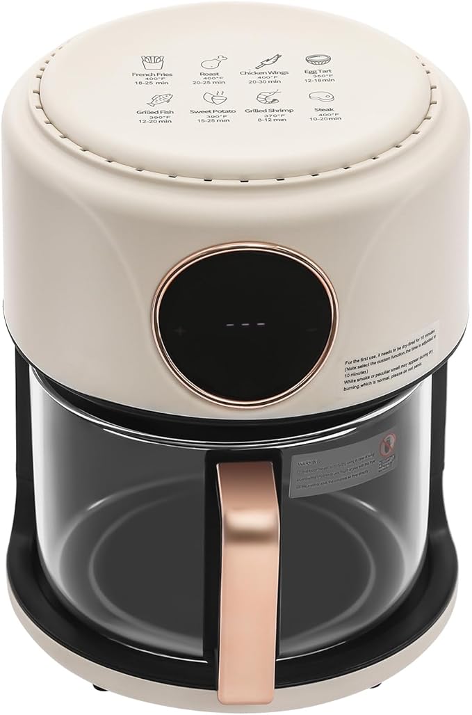 PERFERATE Glass Air Fryer 4.44Qt Capacity Glass Airfryer with 360° Transparent Viewable Fry Bowl, Precise Temperature(175°F - 400°F) & Time(60 Min) Control, 1200W Oil-Less Cooking(White)