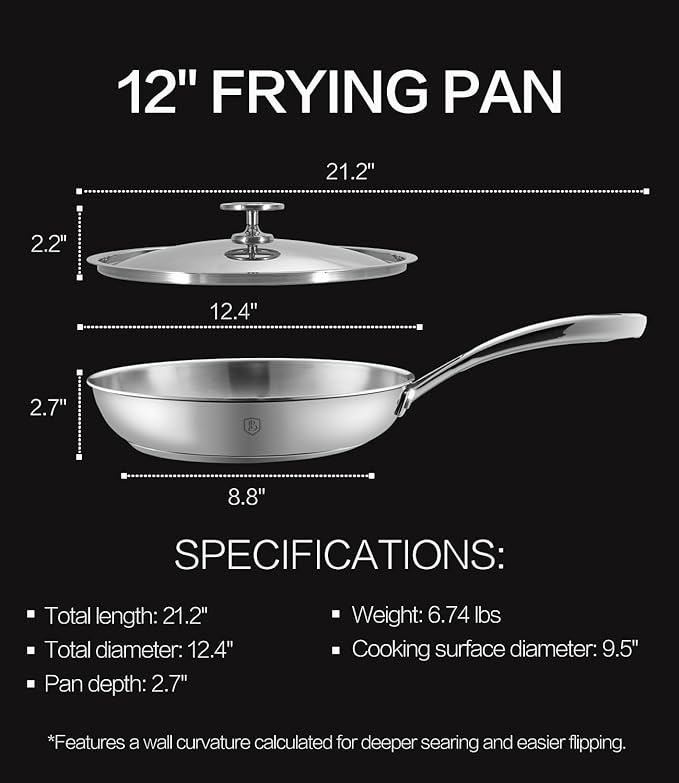 12 Inch Stainless Steel Pan with Lid, 5-Ply Clad Base 800℉ Safe Stainless Steel Frying Pan for Even Heating, Premium Cookware for Induction, Gas, Electric&Oven