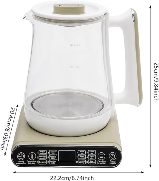 Bepritm 1.8L Multifunctional Electric Glass Kettle & Health Pot – 100-800W Hot Tea Maker, Auto Boiling Water Kettle with Filter, for Coffee, Herbal Decoction & Soup (110V) (White)