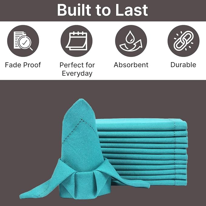 LFH Home Hemstitched Cloth Dinner Napkins 18x18 Inch Set of 12 - Reusable 100% Cotton Machine Washable Cocktail Napkins with Metered Corners for Daily, Party, Wedding, Bar Use - Teal