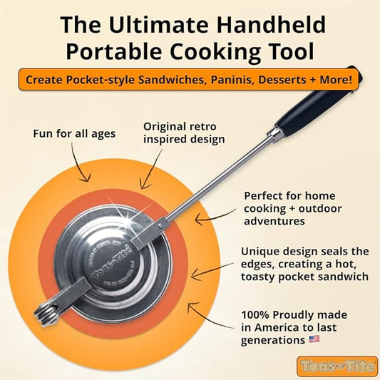 Handheld Sandwich Maker, Classic Sandwich Grill & Panini Press, Cast Aluminum Pie Iron, Retro 1945 Stovetop & Campfire Toaster for Hot Sandwiches, Pies, Paninis, RV & Camping
