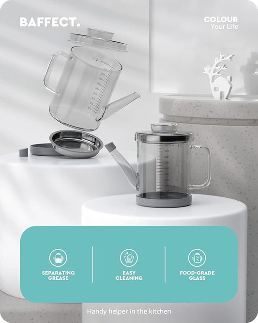 Baffect Glass Fat Separator, Bacon Grease Container with Strainer, Frying Oil Storage Can for Cooking (1L /4 Cups)