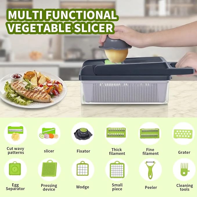 16-in-1 Vegetable Chopper & Mandoline Slicer – Multifunctional Food Chopper with Container, Vegetable Cutter, Dicer & Spiralizer for Onion, Salad & Fruits – Kitchen Gadget Essential