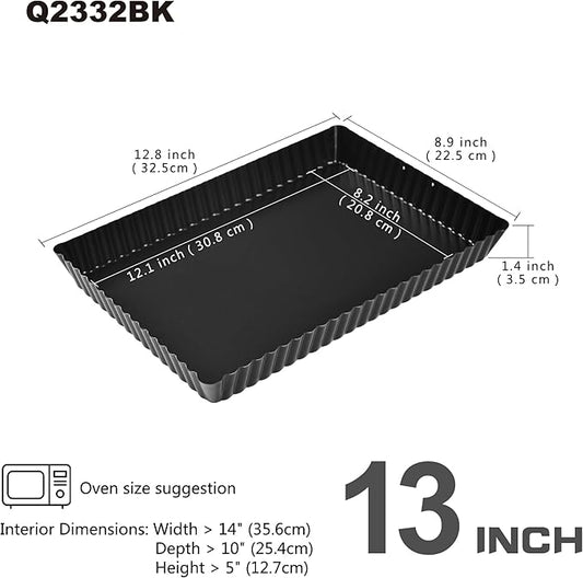 Bakeley Rectangle Tart Pan, 13-Inch with Removable Loose Bottom Non-Stick Oblong Quiche Bakeware for Oven Baking (Black)