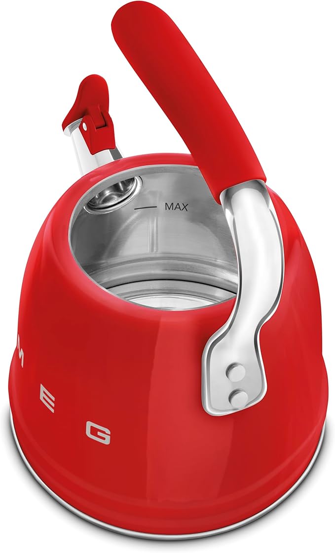 Smeg, WKF01RD Whistling Kettle, Stainless Steel, 2.3 L Capacity, Removable Lid and Measuring Spout, Induction Compatible, Red