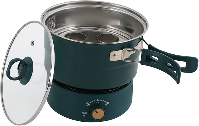 500W 0.42 Gal Portable Electric Hot Pot with Foldable Handles, Multi-function Non-stick Mini Cooker for Ramen Soup Pasta Steak, Power Adjustment & 110V Personal Travel Hot Pot Cooker (Green)