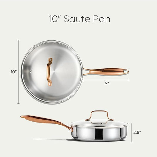 CAROTE 10" Tri-Ply Stainless Steel Deep Frying Pan with Lid, Non-Toxic Saute Pan, Oven Safe, Induction, Ceramic and Gas Cooktops Compatible, Silver