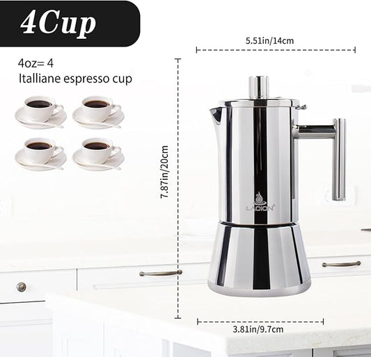 LAOION Stovetop Espresso Maker, 4Cup 6.8 oz Moka Pot, Stainless Steel Cuban and Italian Coffee Maker for Cafetera Cubana, Greca De Cafe Induction Stovetop Compatible, Coffee Gift for Home Travel