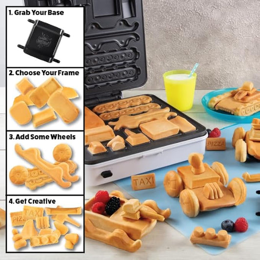 Auto Body Shop Waffle Maker- Mix & Match 20+ Custom Shaped Pieces to Build Cars, Trucks or Vehicles Out of WAFFLES! Breakfast Kids Adults Fun- Nonstick Quick Cleanup w 4 Removable Plates, Recipe Guide