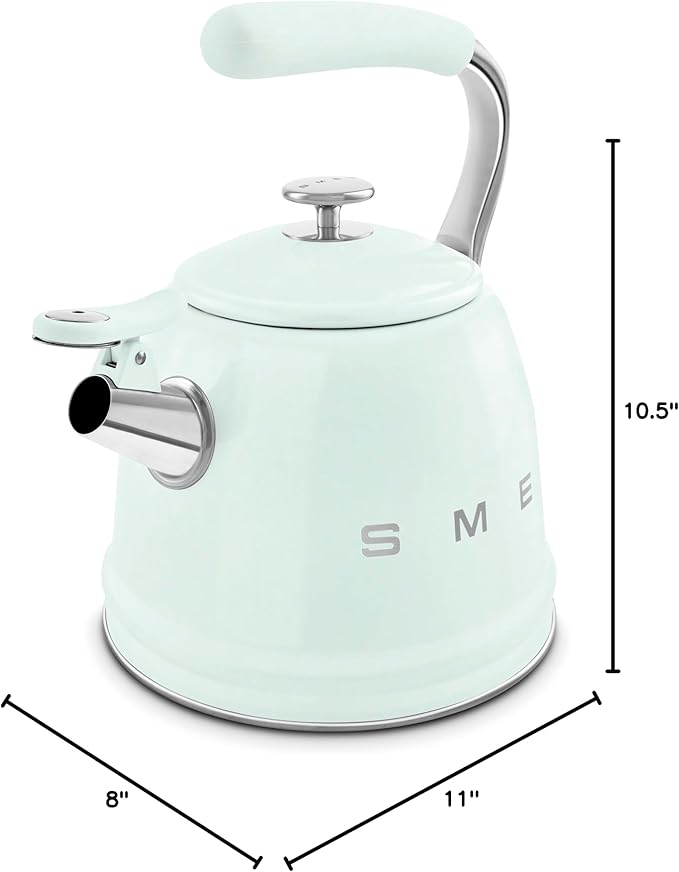 SMEG Stovetop Whistling Kettle – 50s Retro Style, 2.3 Liter (10 Cup / 2.4 Quart) Stainless Steel Tea Kettle with Iconic Design & Whistle – Premium Kitchen Statement Piece-Pastel Green