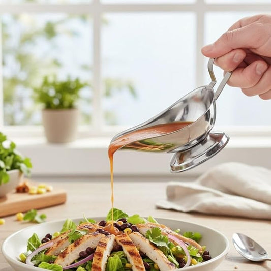 Soro Essentials- 5 oz. Stainless Steel Gravy Sauce Boat Gadroon Base with Loop Handle Set of 2- Restaurant Gravy Boat Dripless Lip Spout Serving Dish Gravy Bowl for Sauces Gravy Salad Dressings Milk
