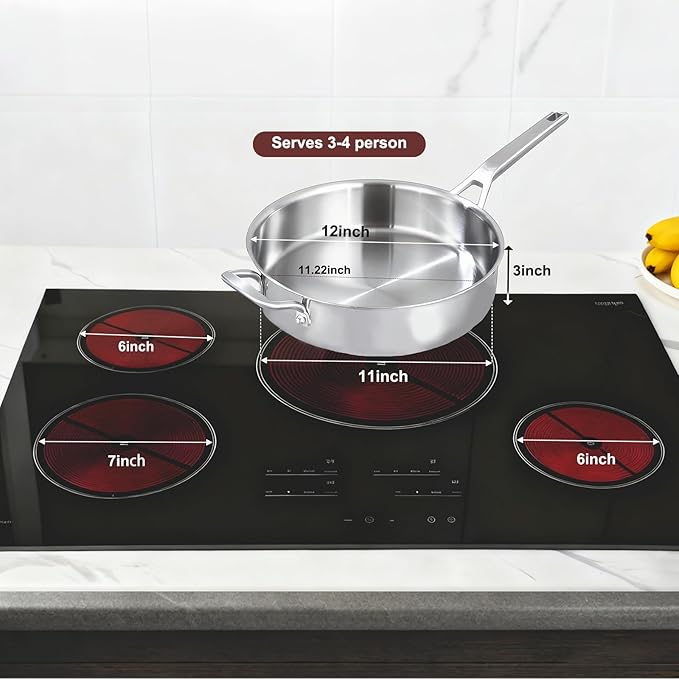 YEKSUM Stainless Steel Saute Pan, Tri-Ply Saute Pan 5QT, 12 Inch Deep Frying Pan with lids, Compatible with All Cooktops Up to 650℉, 3-layer Large Skillet with Stay Cool Handle, Induction Pan, Durable