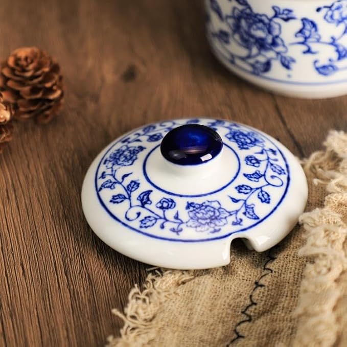 Retro Ceramic Blue and White Sugar Bowl Seasoning Pot Storage Jar with Lid
