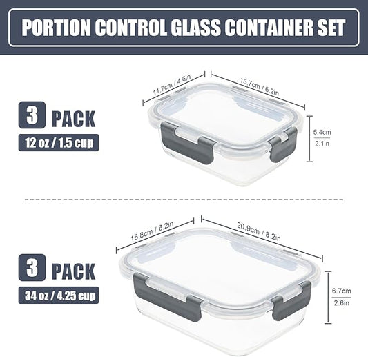 6 Pack Glass Food Storage Containers with Airtight Lids, Meal Prep Containers for Lunch, Leftovers, BPA Free (Grey)