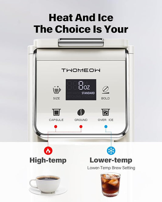 TWOMEOW Coffee Maker Hot & Iced With Bold Setting,Single Serve Coffee Maker For K Cup And Grounds,52 Oz Removable Water Tank,6-14 Oz Brew Sizes,One Cup Kcup Coffee Machine With Reusable Filter, White