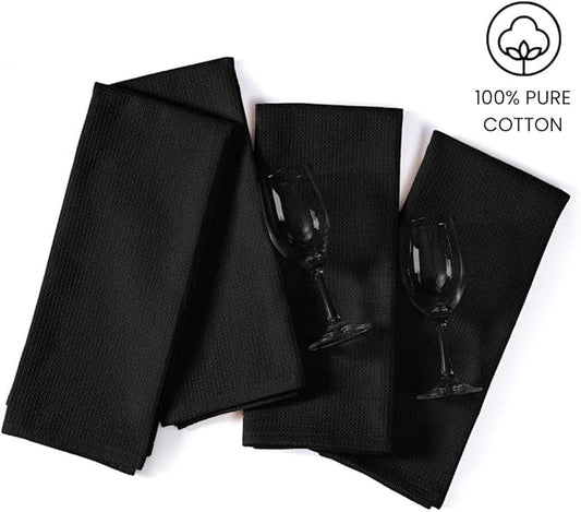 Waffle Kitchen Towels Large 16x26 inch 100% Cotton Set of 4 - Soft Absorbent Washable Tea Towel for Kitchen - Dish Cloths Quick Drying - 320 GSM Quality Dish Towels Black