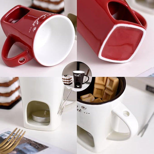 Chocolate Fondue Mug with Fork, Chocolate Fondue Cup, Personal Chocolate Melting Cup for Cheese, Ceramic Chocolate Melting Cup, Chocolate Melting Mug For Date Night Birthday Wedding Gifts (Red)