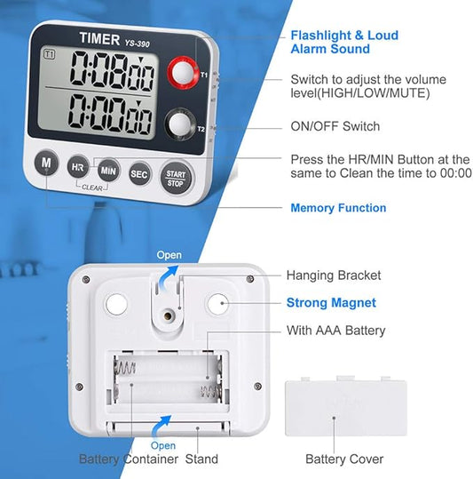 HomeMall Digital Kitchen Cooking Timer, Dual Count Up & Down with Magnetic Back, Large Display, Adjustable Volume and Flashing Alarm Light, ON/Off Switch Stopwatch, Battery Included