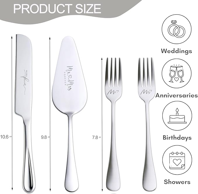 Silver Cake Cutting Set for Wedding, Cake Knife and Server Set, Bride & Groom Cutter Server Set and Forks, Birthday, Wedding, Bridal Shower Gifts for Couples